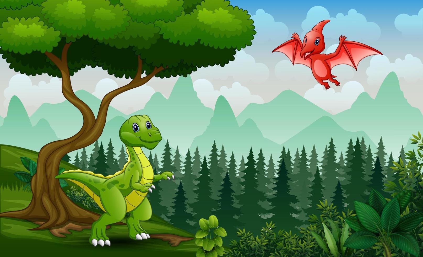 Cartoon dinosaurs playing in the jungle vector