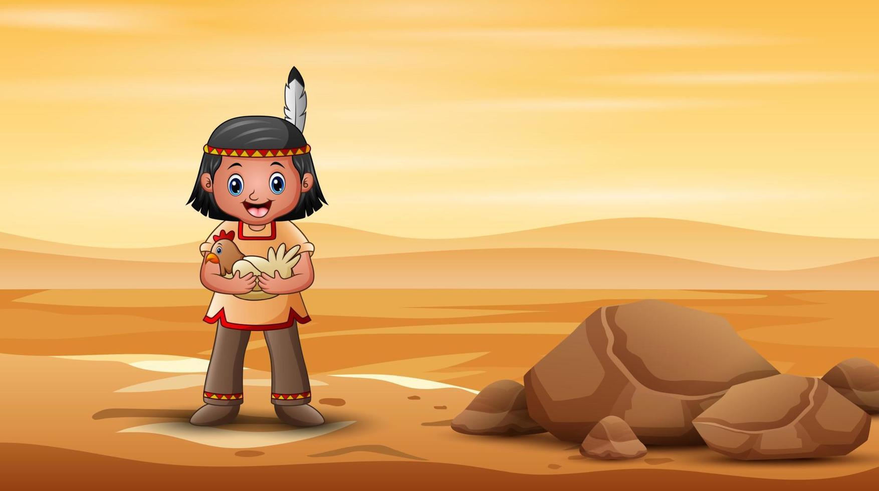 Native american indian boy with hen in the desert vector