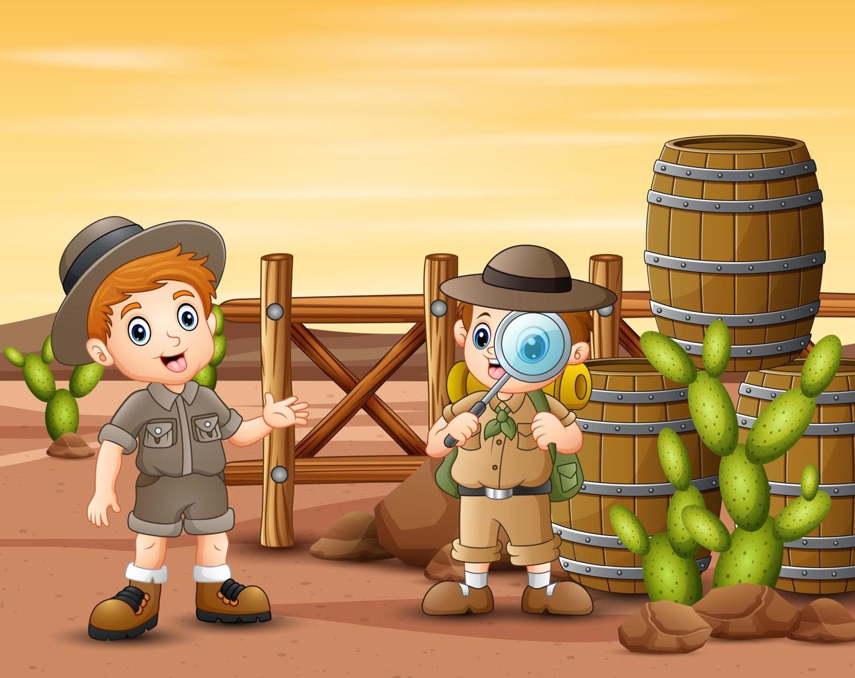 Desert scene with two explorer boys vector