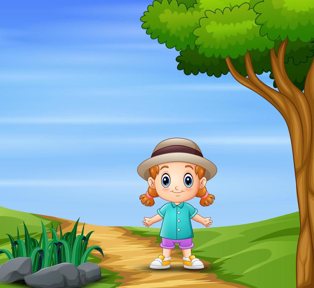 A girl in hat walking in nature vector