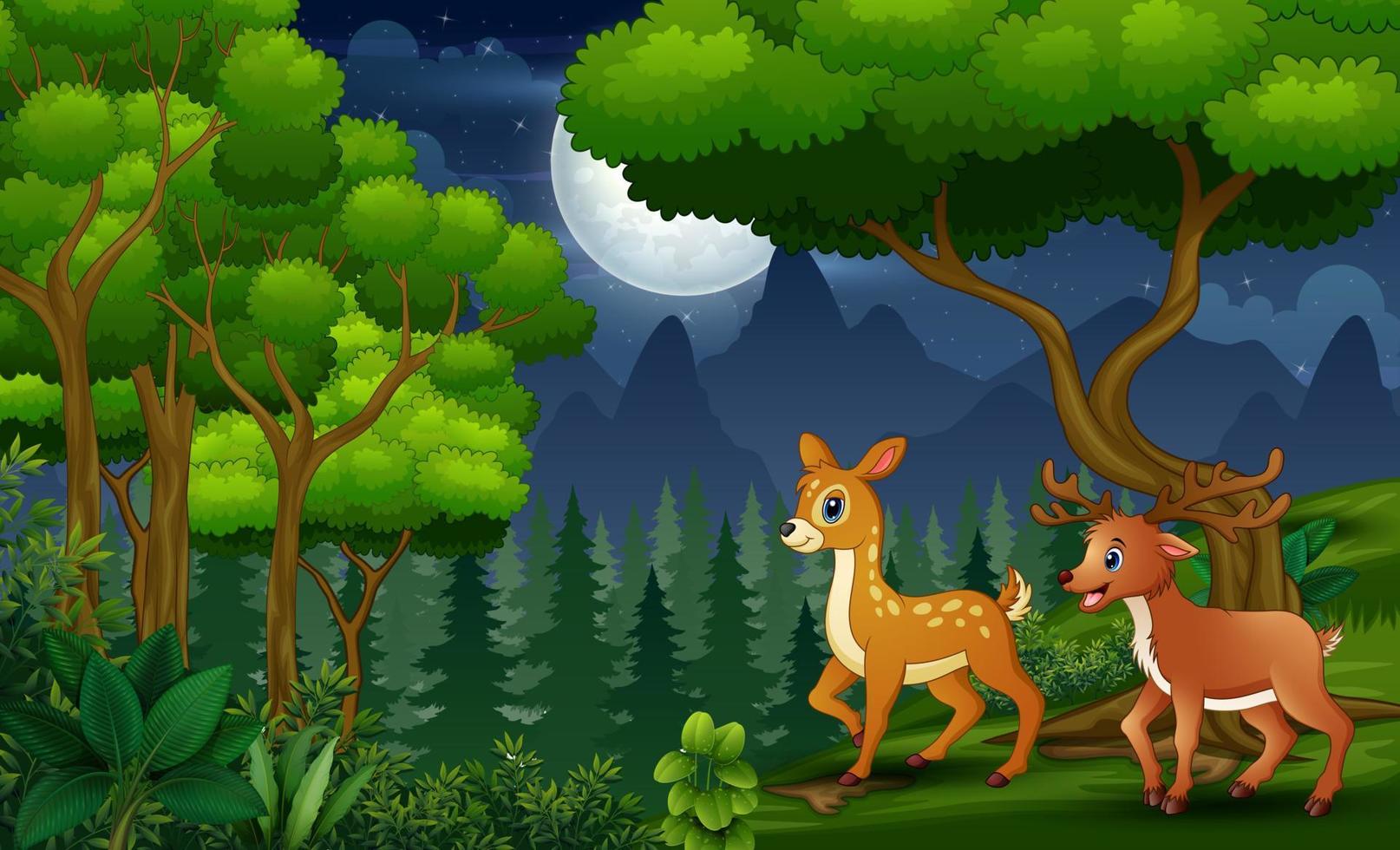 Family wild reindeer in the night forest vector