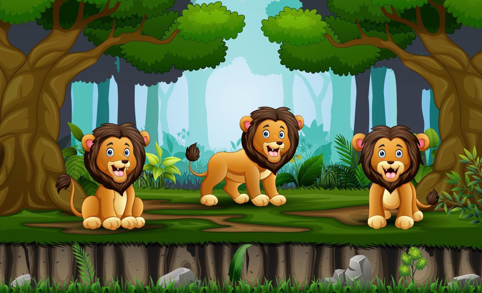 leones de árbol de dibujos animados disfrutando en la jungla vector