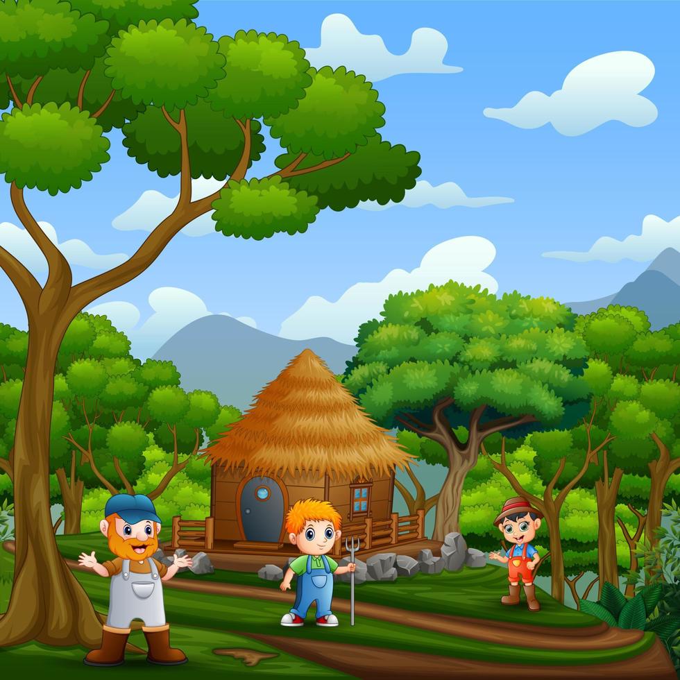 Background scene with the farmers and wooden cottage in the forest vector