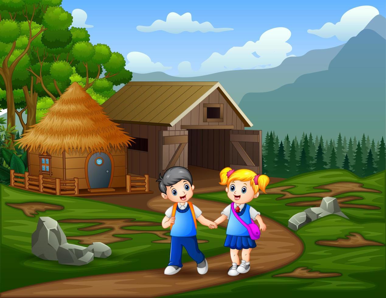 School children walks past a cattle ranch vector
