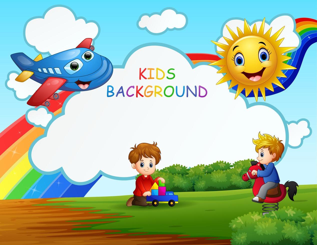 Scene with two boys playing in rainbow background vector