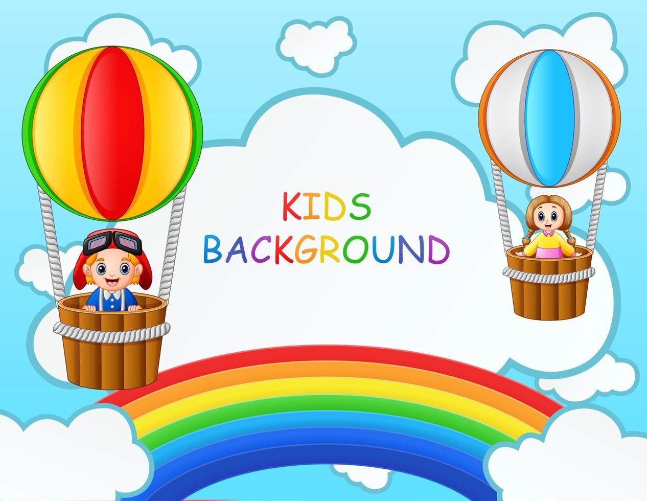 Children riding on a hot air balloon near the rainbow vector