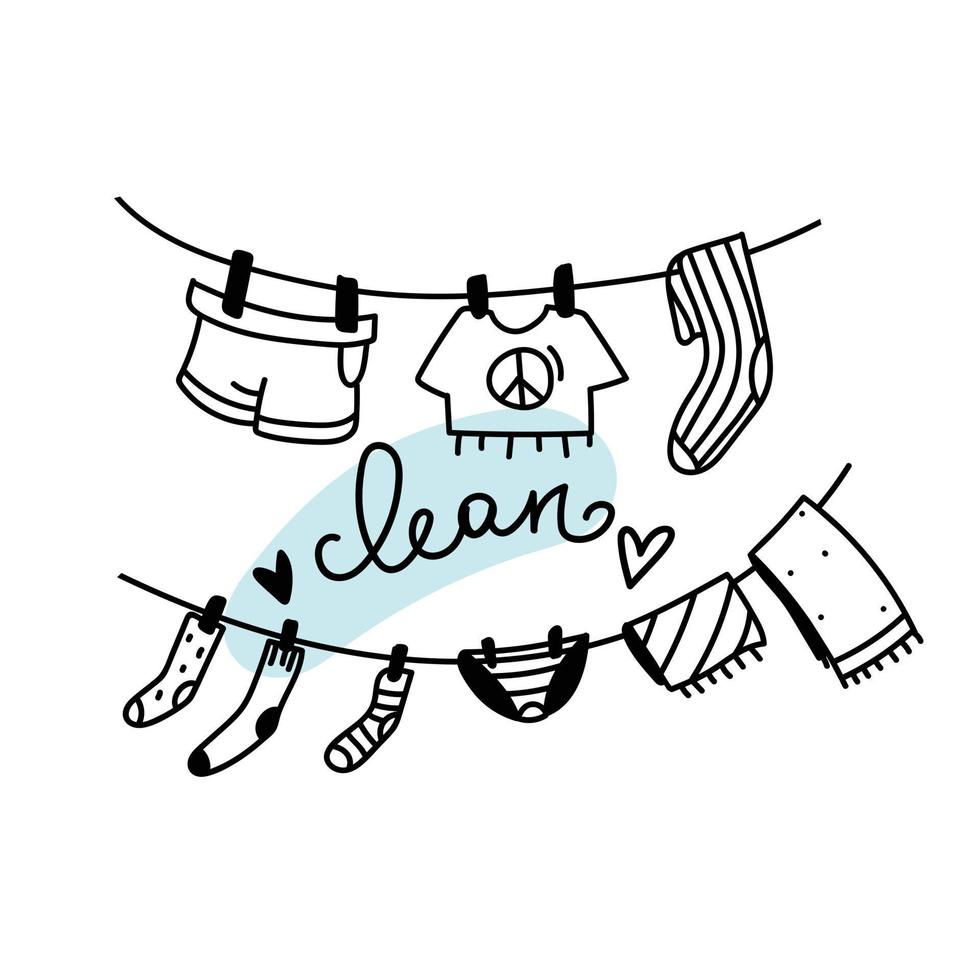 Rope for drying clothes with socks, underpants, T-shirt, shorts, a towel. Handwritten Clean on a blue shape. Doodle style vector illustration, black line isolated on white background.