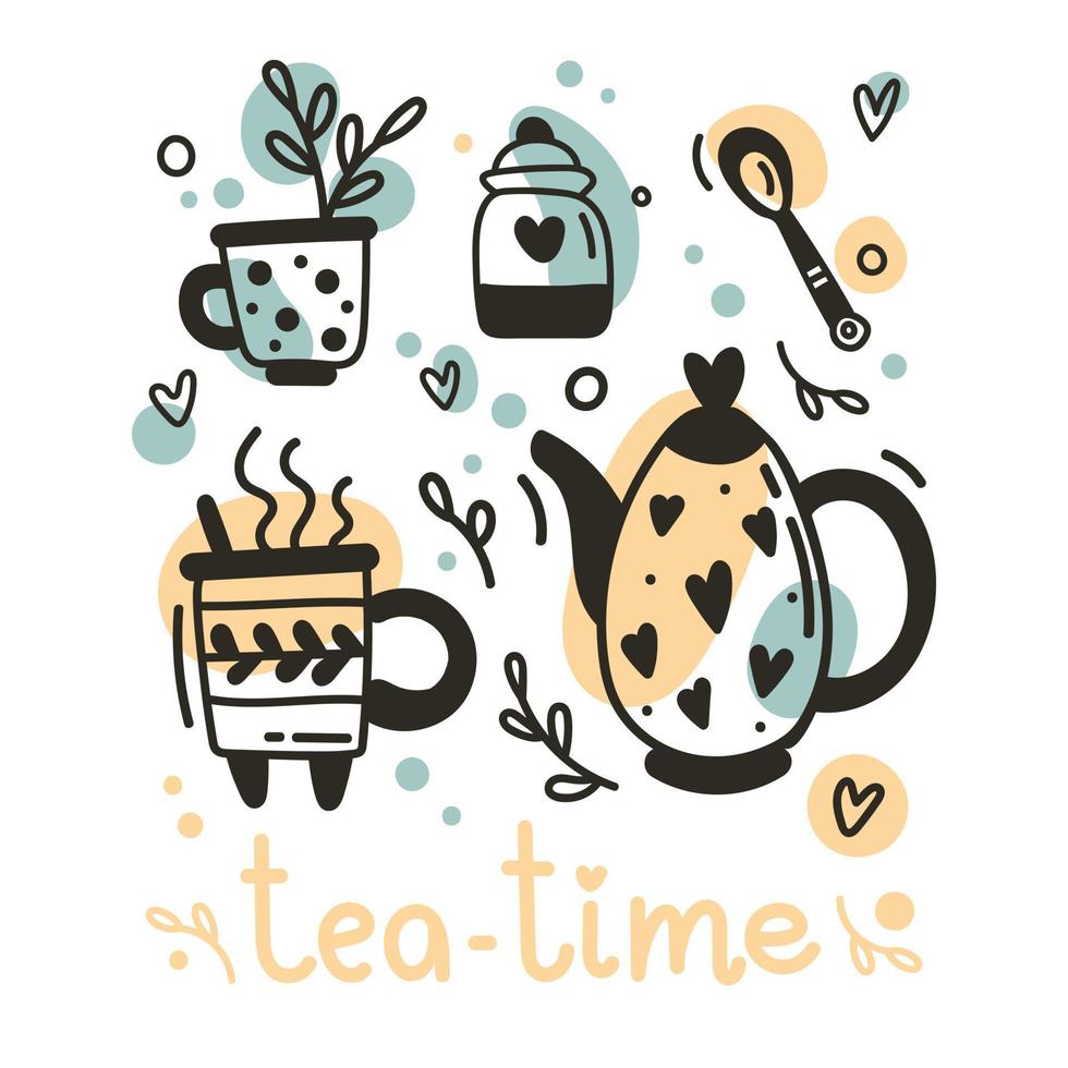 colección de tetera y taza dibujada a mano aislada sobre fondo blanco. ilustración vectorial doodle iconos de la hora del té para el diseño del menú de cafetería y restaurante vector