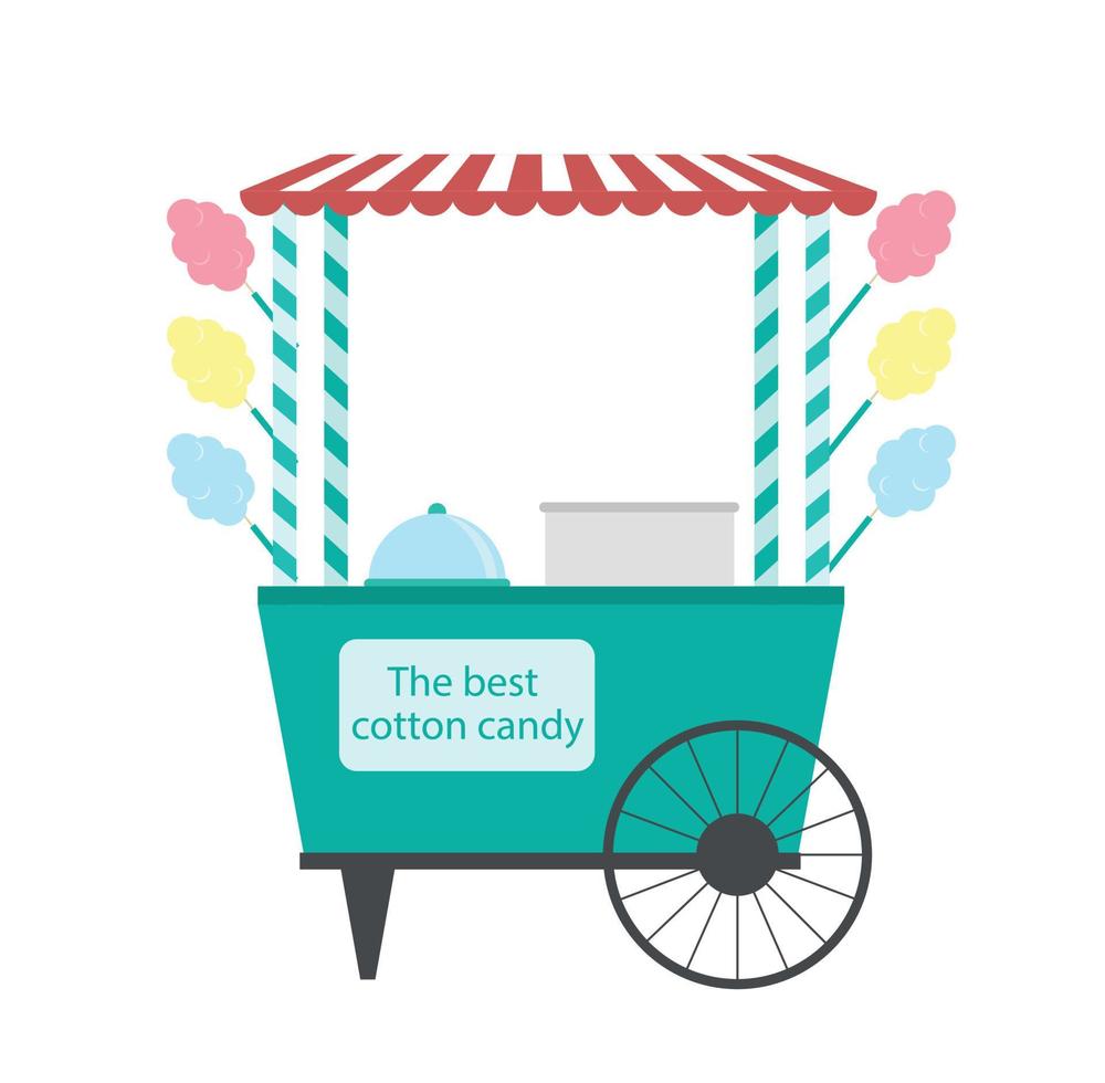 Vector flat illustration of Cotton Candy cart. Fast street food caravan trailer.