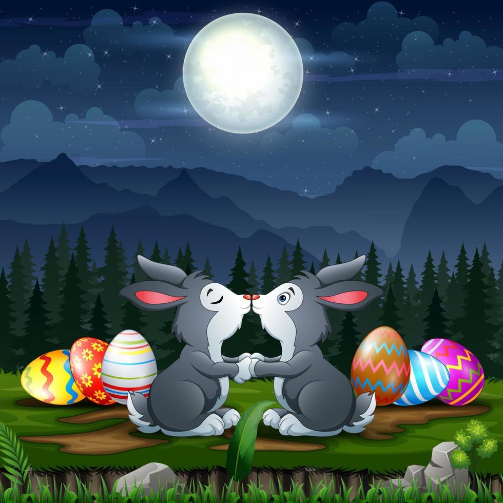 The Easter bunnies kissing with more Easter eggs around him vector