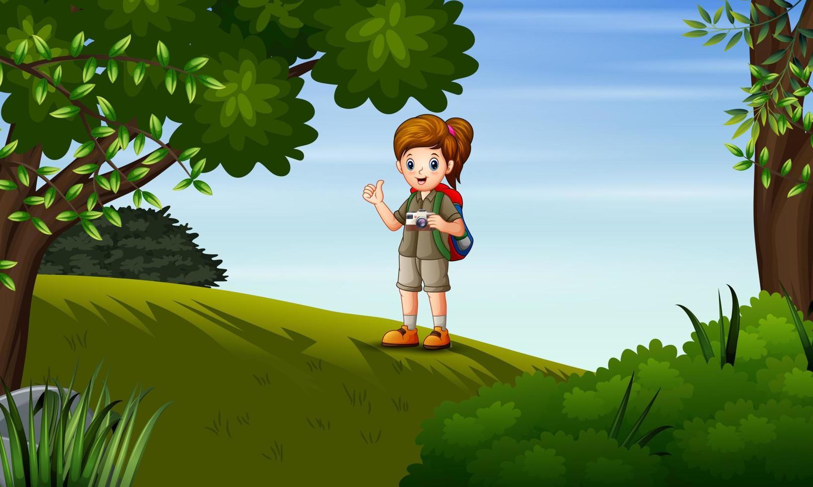 Young girl exploring the forest vector