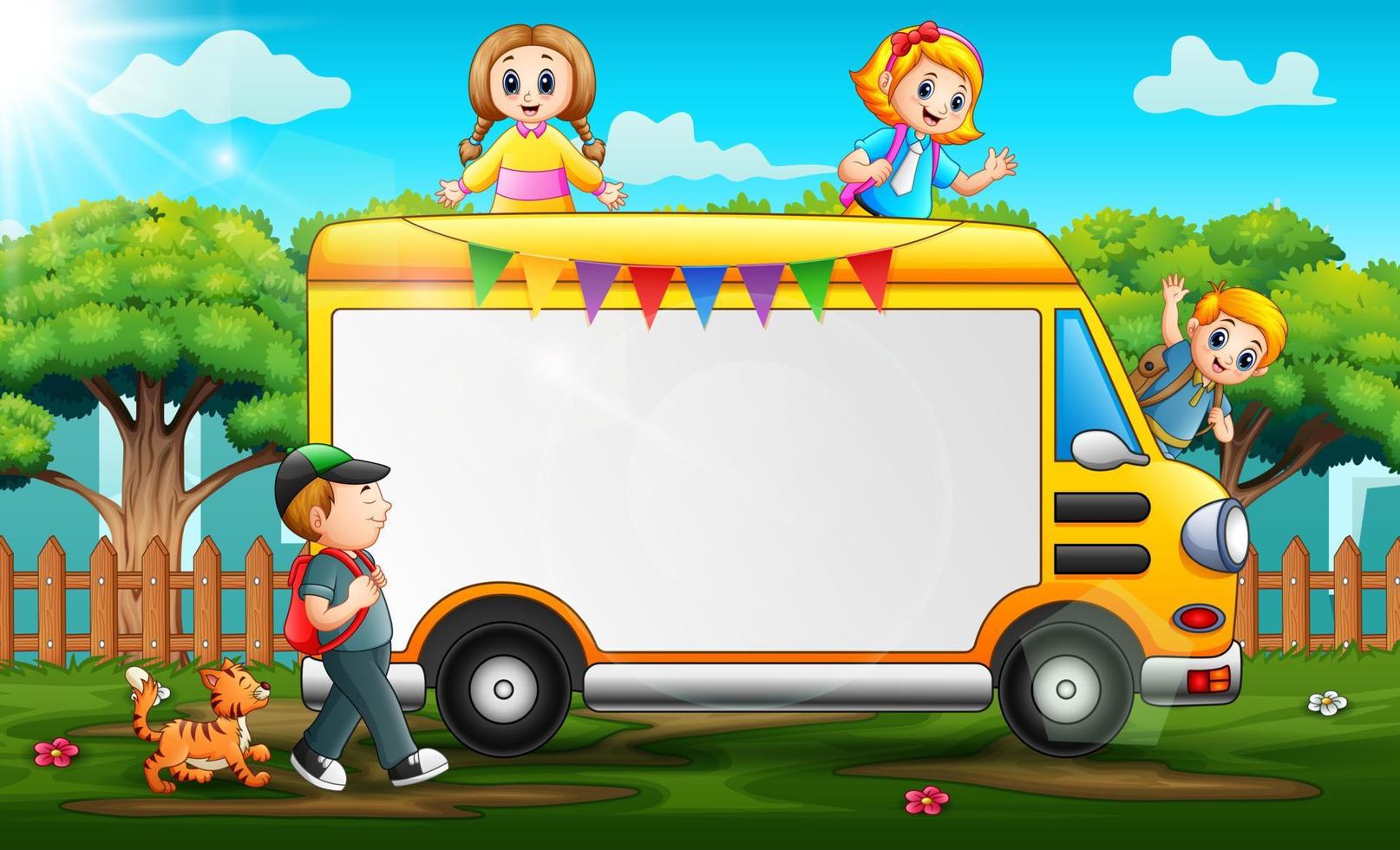Border template design with school kids on yellow car vector