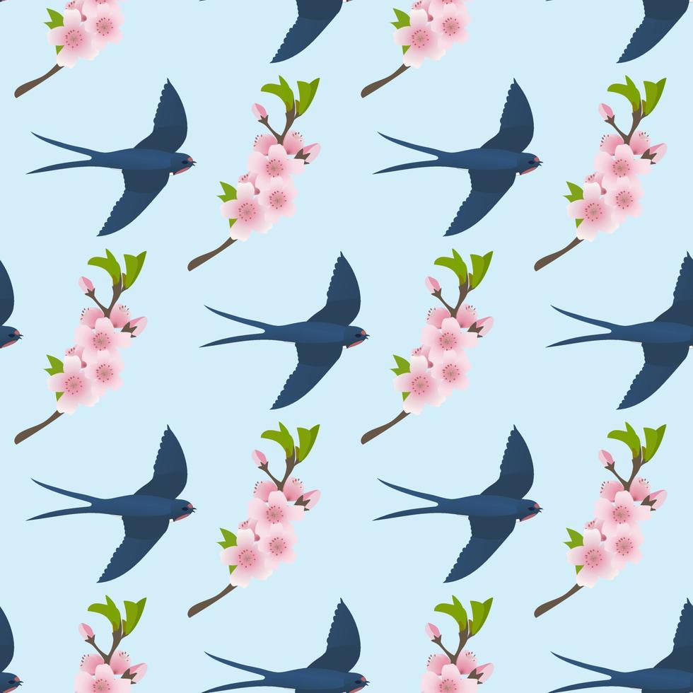 Cherry blossom pattern with swallow.Vector illustration in cartoon style. vector