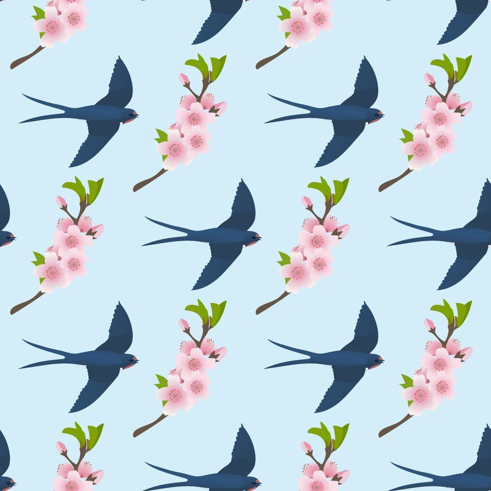 patrón de flor de cerezo con ilustración de swallow.vector en estilo de dibujos animados. vector