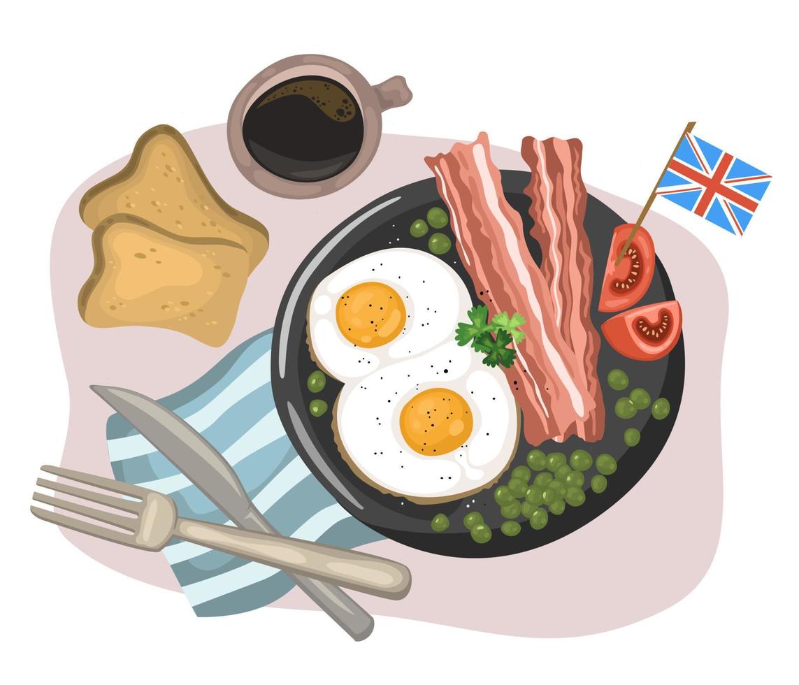 desayuno inglés nacional de huevos revueltos con tocino, tostadas y café. la ilustración vectorial en estilo de dibujos animados se puede utilizar para menús, recetas, aplicaciones vector