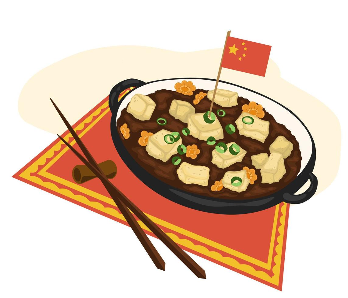 National Chinese cuisine. Delicious tofu dish. Vector illustration in cartoon style can be used for menus, recipes, applications