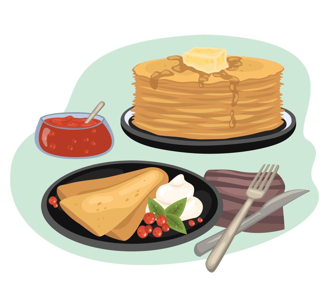 Delicious bright breakfast. A stack of pancakes and a pancake envelope on a plate with berries and jam. Vector illustration in cartoon style can be used for menus, recipes, applications