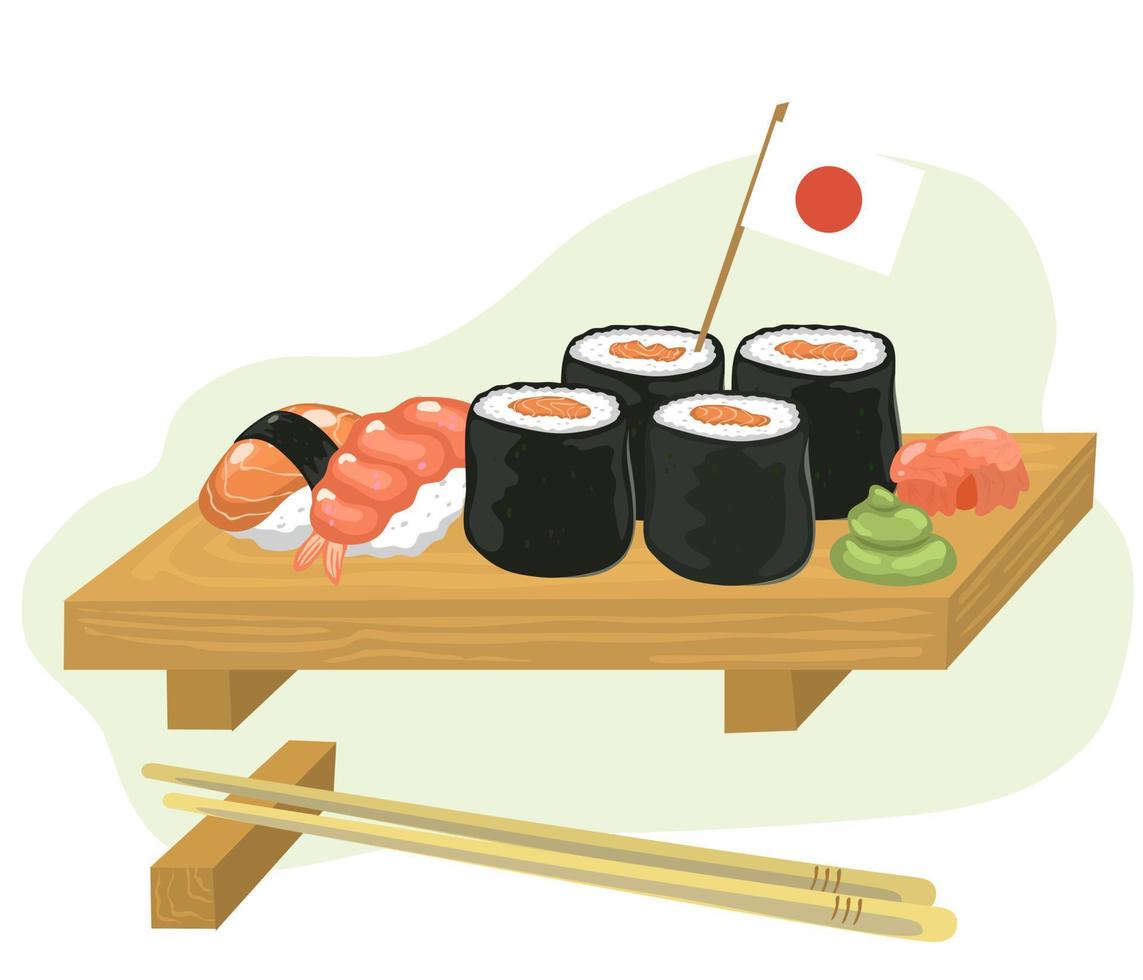 cocina nacional japonesa. delicioso sushi y rollos en un soporte de madera.  la ilustración vectorial en estilo de dibujos animados se puede utilizar  para menús, recetas, aplicaciones 6081391 Vector en Vecteezy