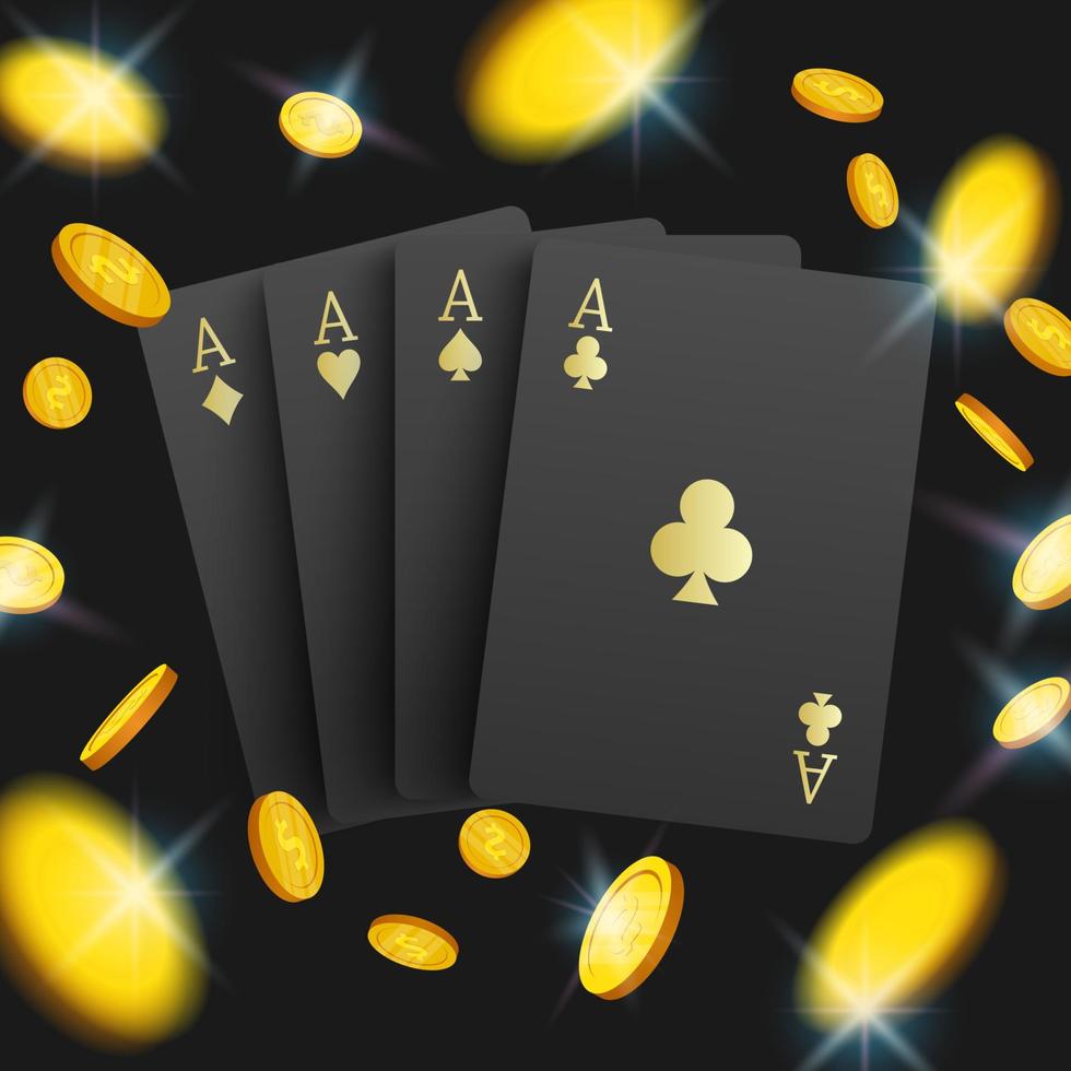 3D casino poker cards and playing chips on black background, vector illustration