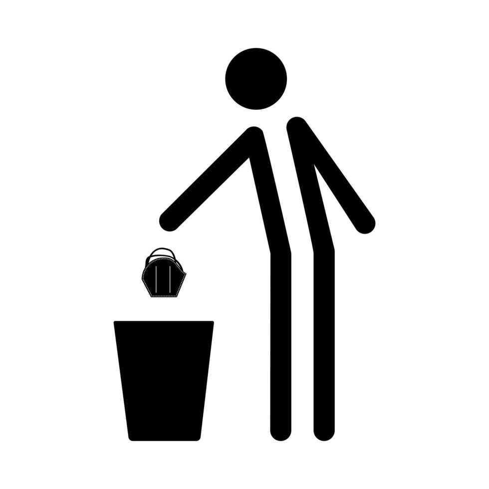Icon of a human throwing a face mask in a trash can. face mask end concept. Vector illustration