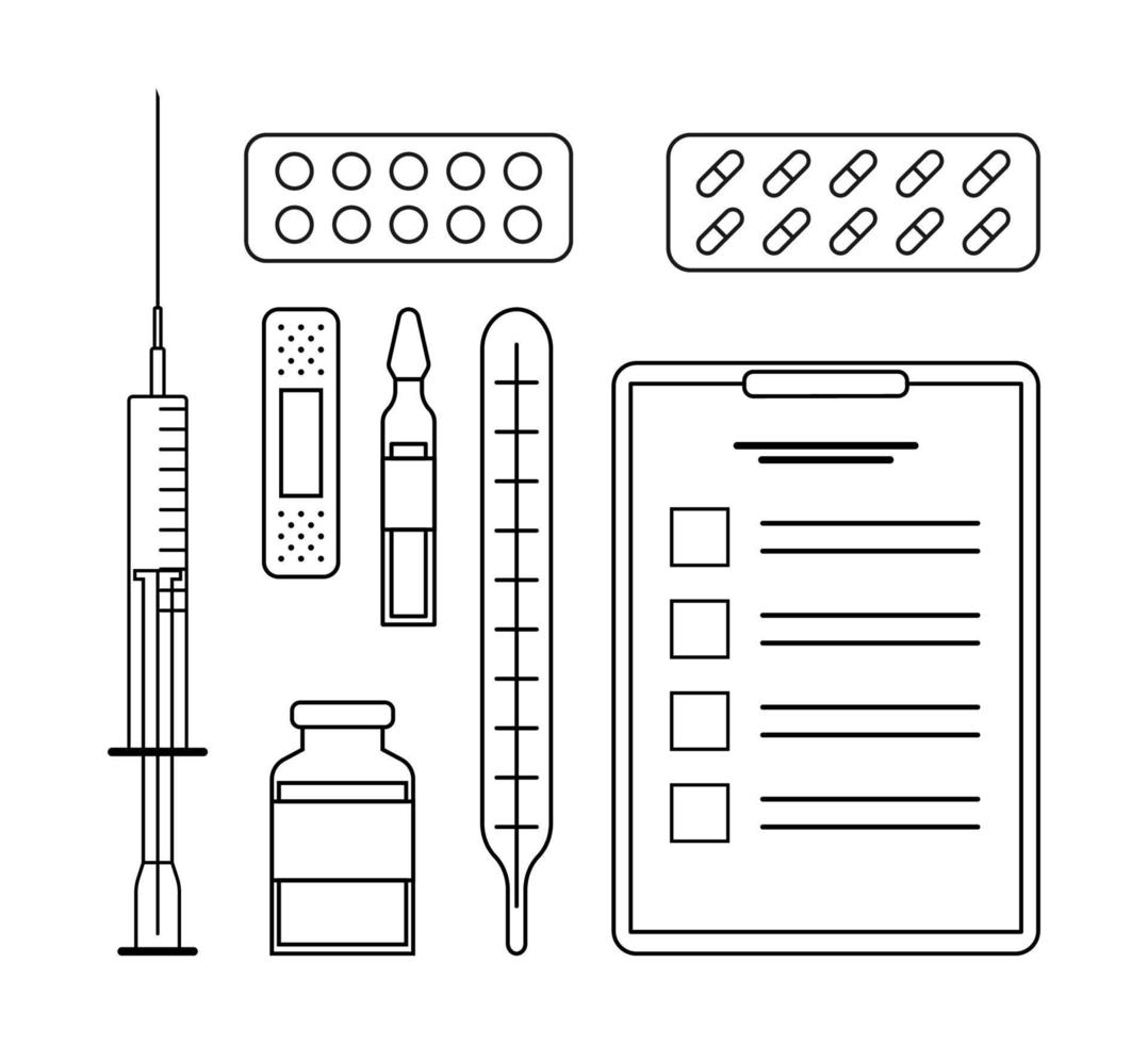 Vector medical items line art style. Syringe, pills and bottles