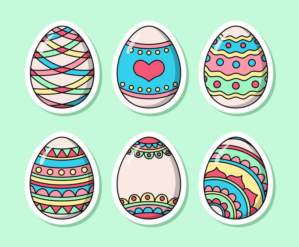 Vector cartoon Easter eggs stickers. Colorful holiday collection in pastel colors