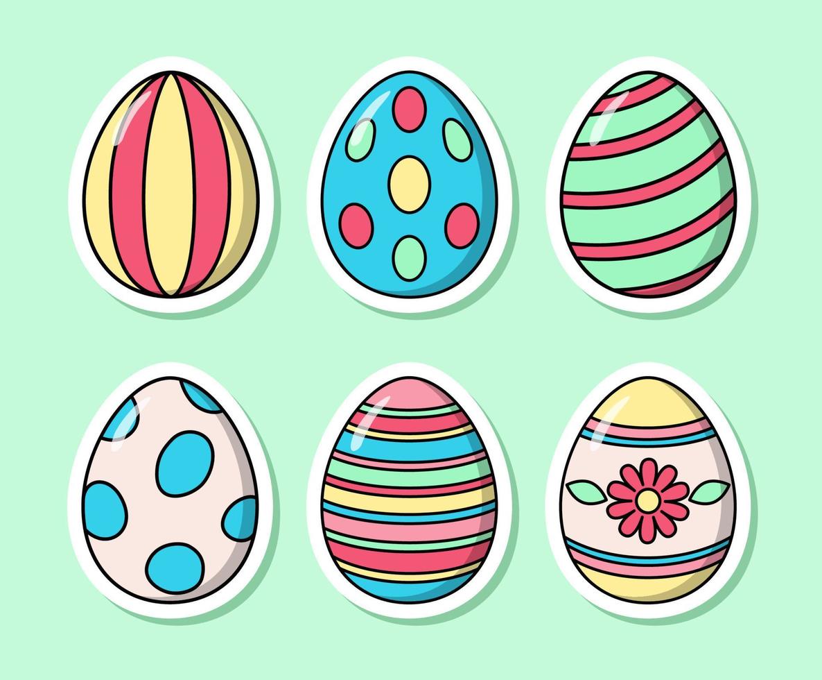 Vector cartoon Easter eggs stickers. Colorful holiday collection in pastel colors