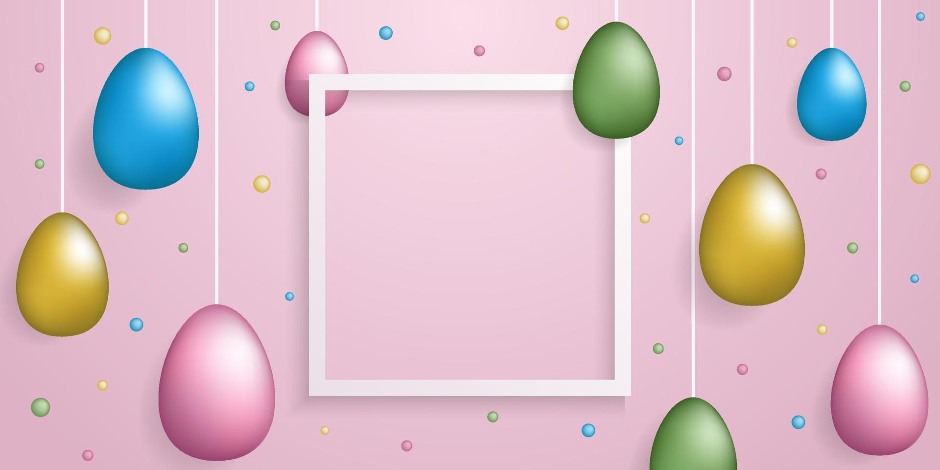 pancarta de pascua con huevos 3d y marco blanco y burbujas de colores sobre fondo rosa vector