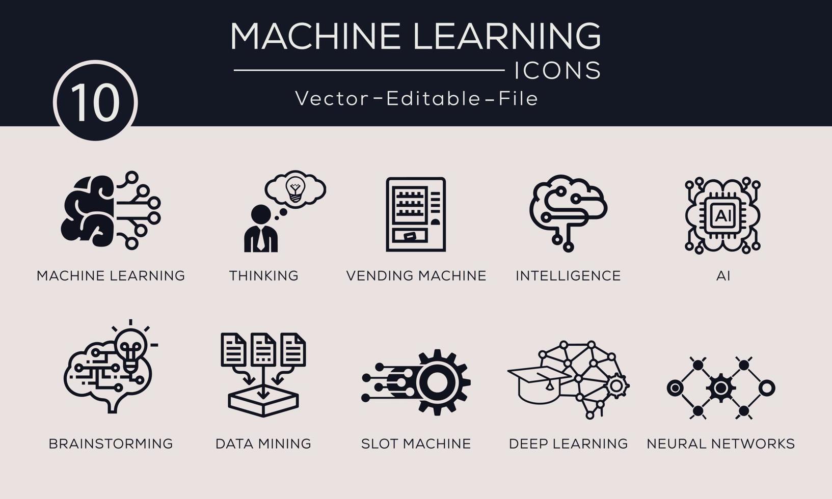 Machine learning concept icons set. Contains such icons algorithm, data mining, smart intelligence, brainstorming, thinking and more, can be used for web and apps. vector