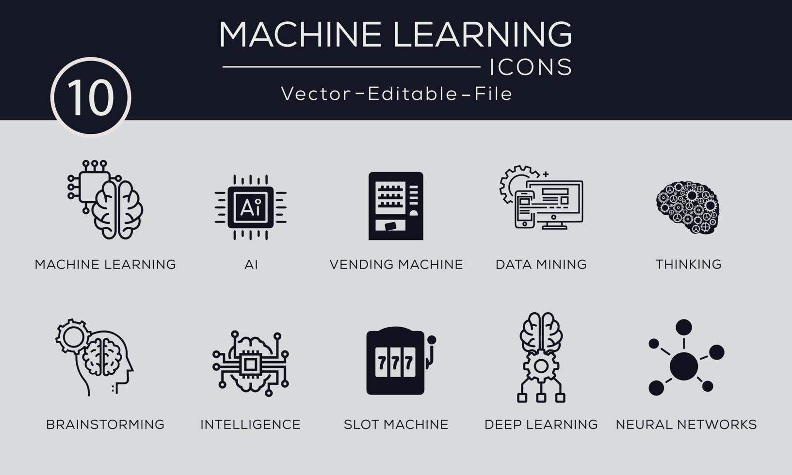 conjunto de iconos de concepto de aprendizaje automático. contiene dicho algoritmo de íconos, minería de datos, inteligencia inteligente, lluvia de ideas, pensamiento y más, se puede usar para web y aplicaciones. vector