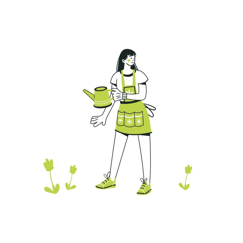 Girl watering plants with a watering can. A young woman works in a vegetable garden or a farm. Hand draw illustration in cartoon style. Gardening concept. Vector
