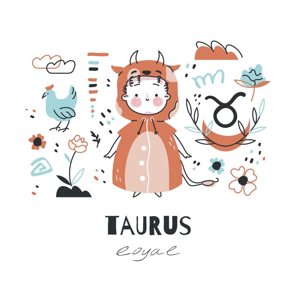 Taurus zodiac sign illustration. Astrological horoscope symbol character for kids. Colorful card with graphic elements for design. Hand drawn vector in cartoon style with lettering