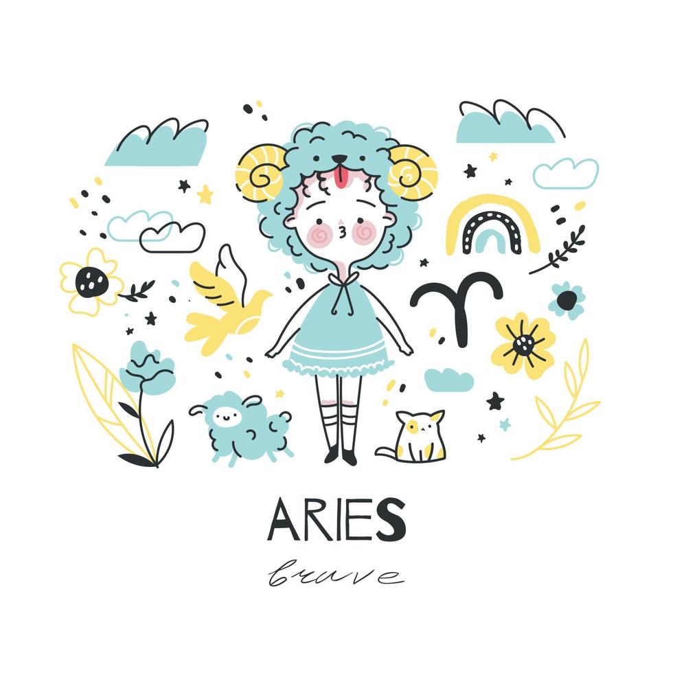 ilustración del signo del zodiaco aries. carácter de símbolo de horóscopo astrológico para niños. tarjeta colorida con elementos gráficos para el diseño. vector dibujado a mano en estilo de dibujos animados con letras