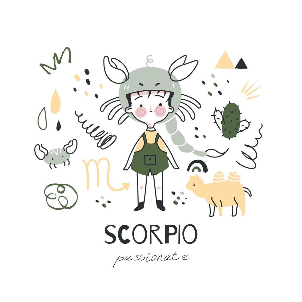 ilustración de escorpión de signo zodiacal. carácter de símbolo de horóscopo astrológico para niños. tarjeta colorida con elementos gráficos para el diseño. vector dibujado a mano en estilo de dibujos animados con letras