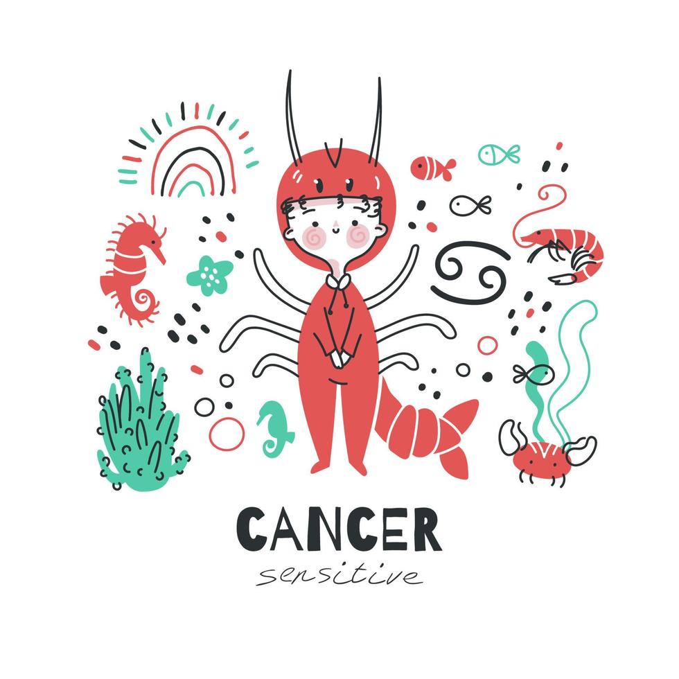 ilustración de signo del zodiaco de cáncer. carácter de símbolo de horóscopo astrológico para niños. tarjeta colorida con elementos gráficos para el diseño. vector dibujado a mano en estilo de dibujos animados con letras