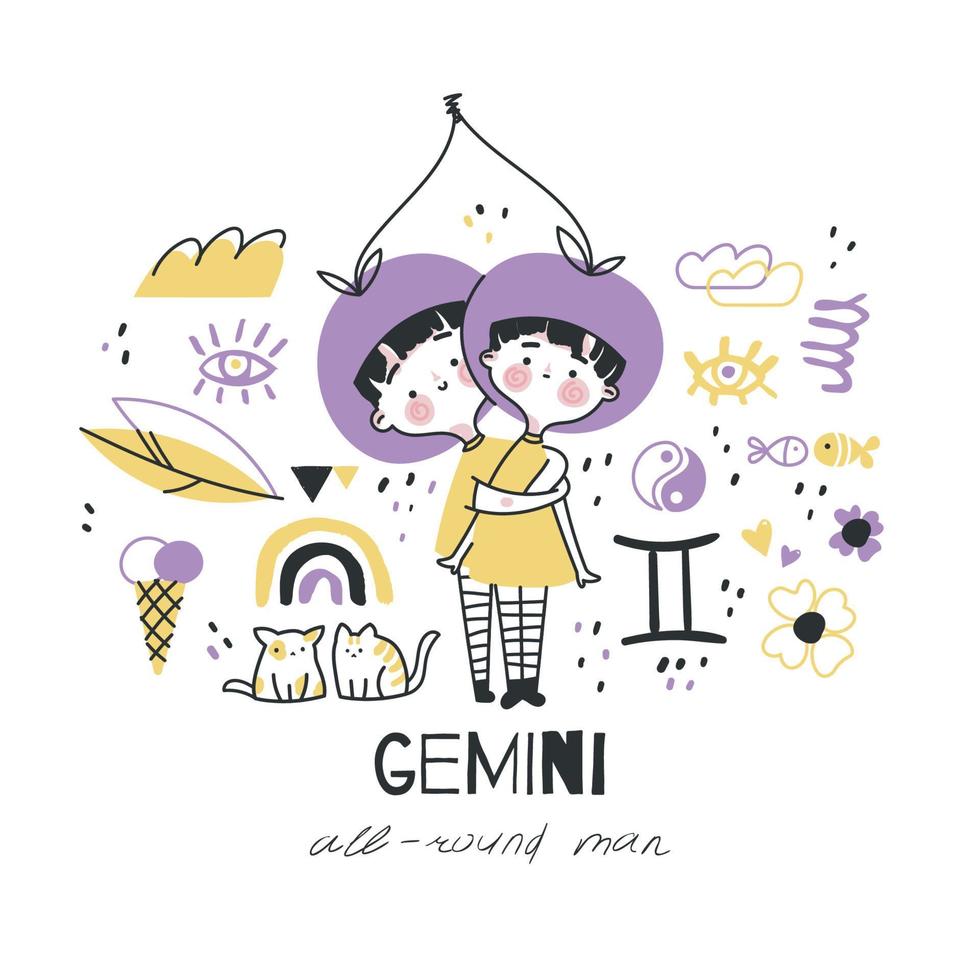 Gemini zodiac sign illustration. Astrological horoscope symbol character for kids. Colorful card with graphic elements for design. Hand drawn vector in cartoon style with lettering