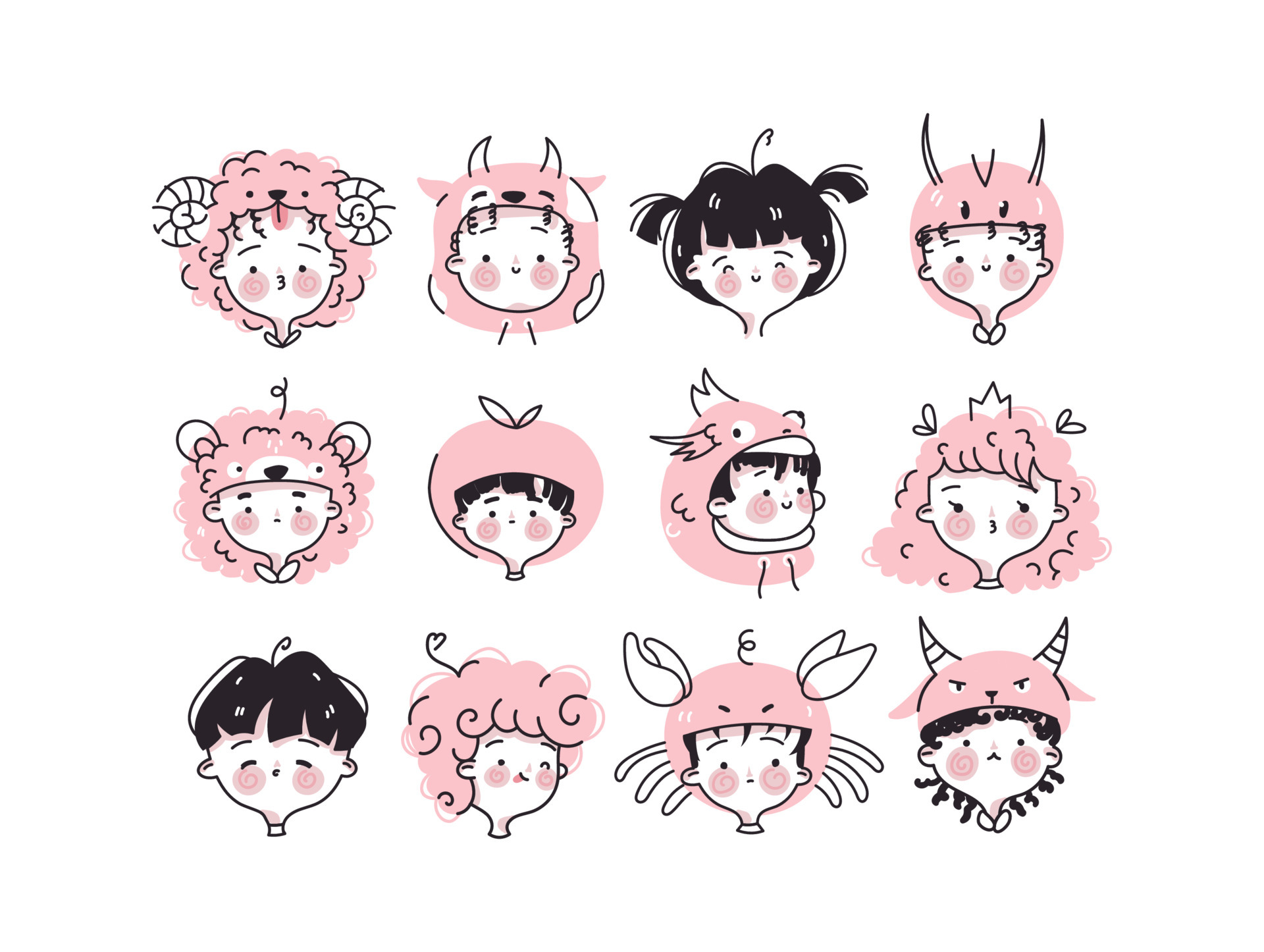 Set of funny cute baby faces with different emotions. Collection of profile pictures of boys and girls. Comic heads of characters in animal costumes. Hand drawn vector illustration in cartoon style 6081650 Set of funny cute baby faces with different emotions. Collection of profile pictures of boys and girls. Comic heads of characters in animal costumes. Hand drawn vector illustration in cartoon style 6081650