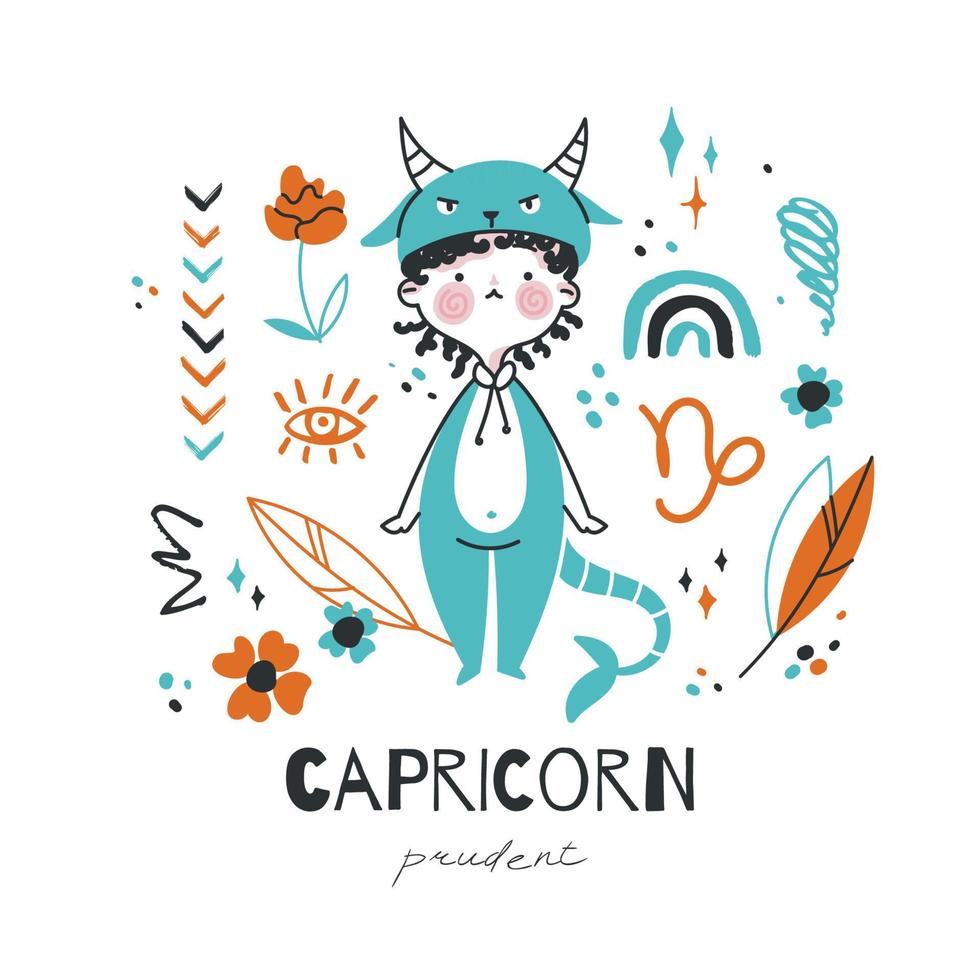 Capricorn zodiac sign illustration. Astrological horoscope symbol character for kids. Colorful card with graphic elements for design. Hand drawn vector in cartoon style with lettering