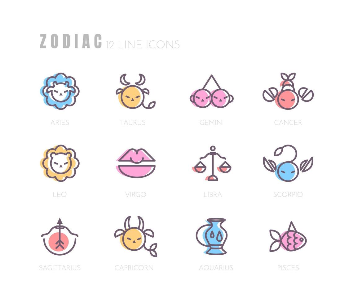 Zodiac sign icons collection. Minimalistic astrological horoscope symbols. Stylized simple graphic elements for design. Vector line art illustration