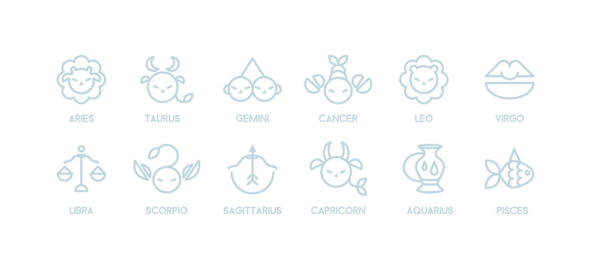 Zodiac sign icons collection. Minimalistic astrological horoscope symbols. Stylized simple graphic elements for design. Vector line art illustration