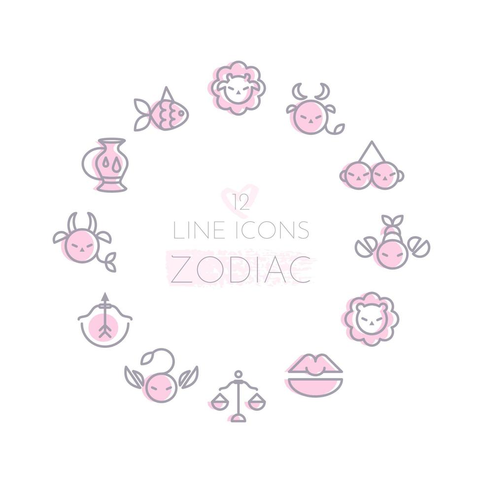 Zodiac sign icons collection. Minimalistic astrological horoscope symbols. Stylized simple graphic elements for design. Vector line art illustration