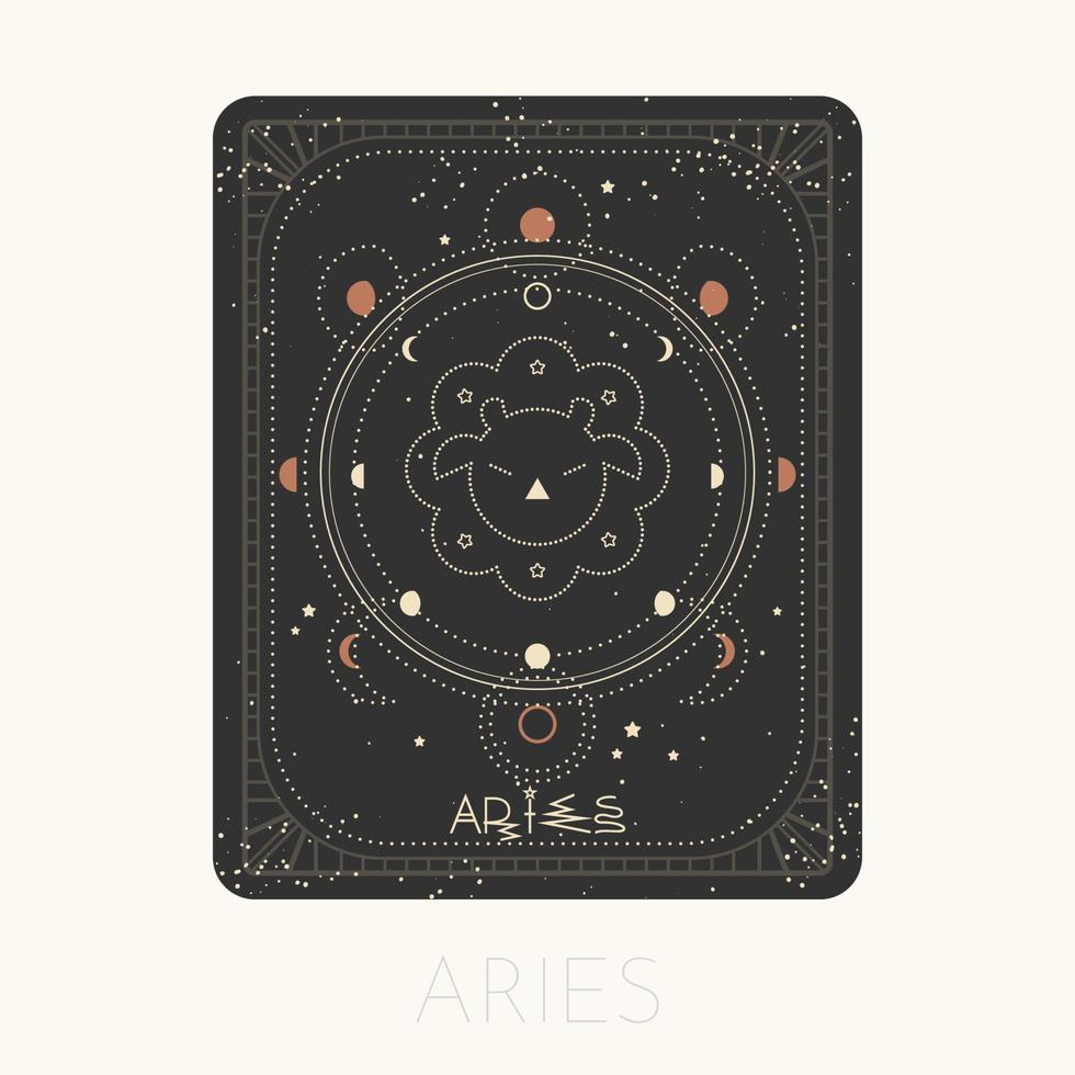 Zodiac sign Aries card. Astrological horoscope symbol with moon phases. Graphic gold icon on a black background. Vector line art illustration