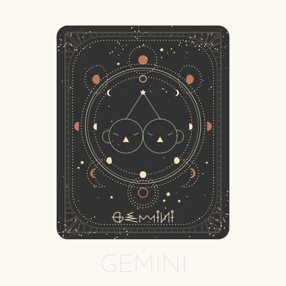 Zodiac sign Gemini card. Astrological horoscope symbol with moon phases. Graphic gold icon on a black background. Vector line art illustration