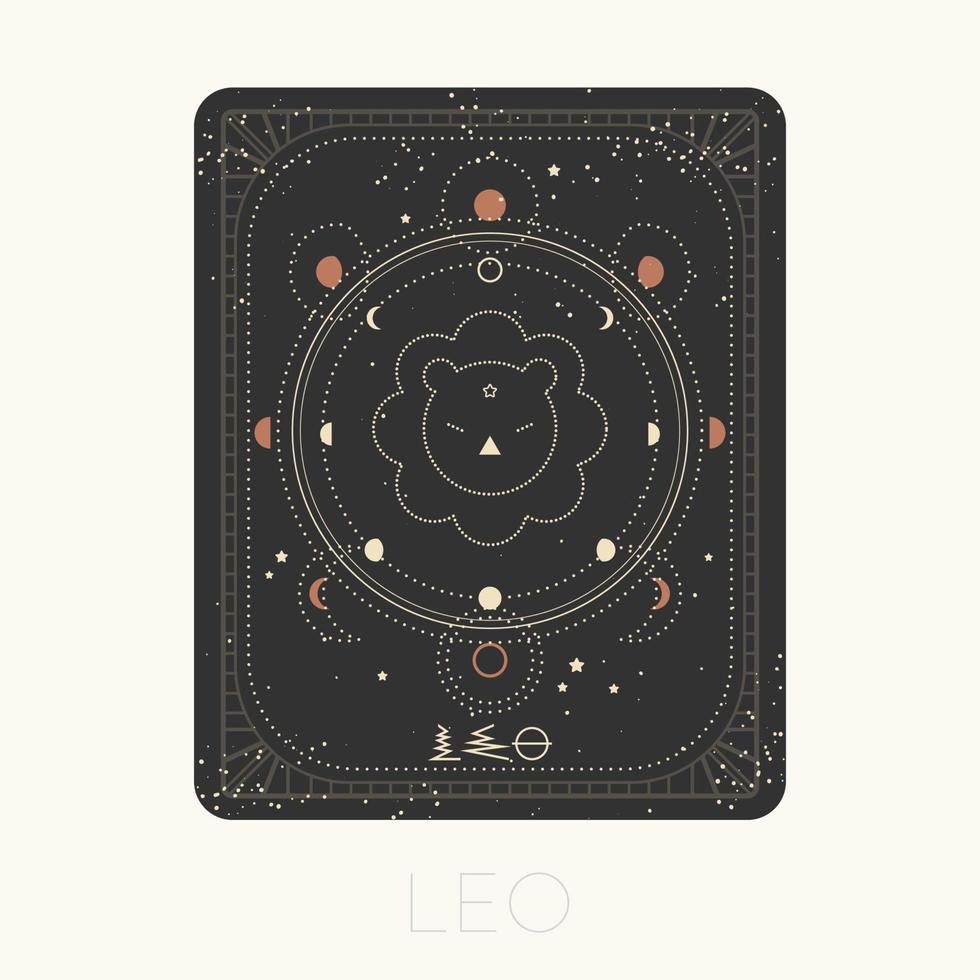 Zodiac sign leo card. Astrological horoscope symbol with moon phases. Graphic gold icon on a black background. Vector line art illustration