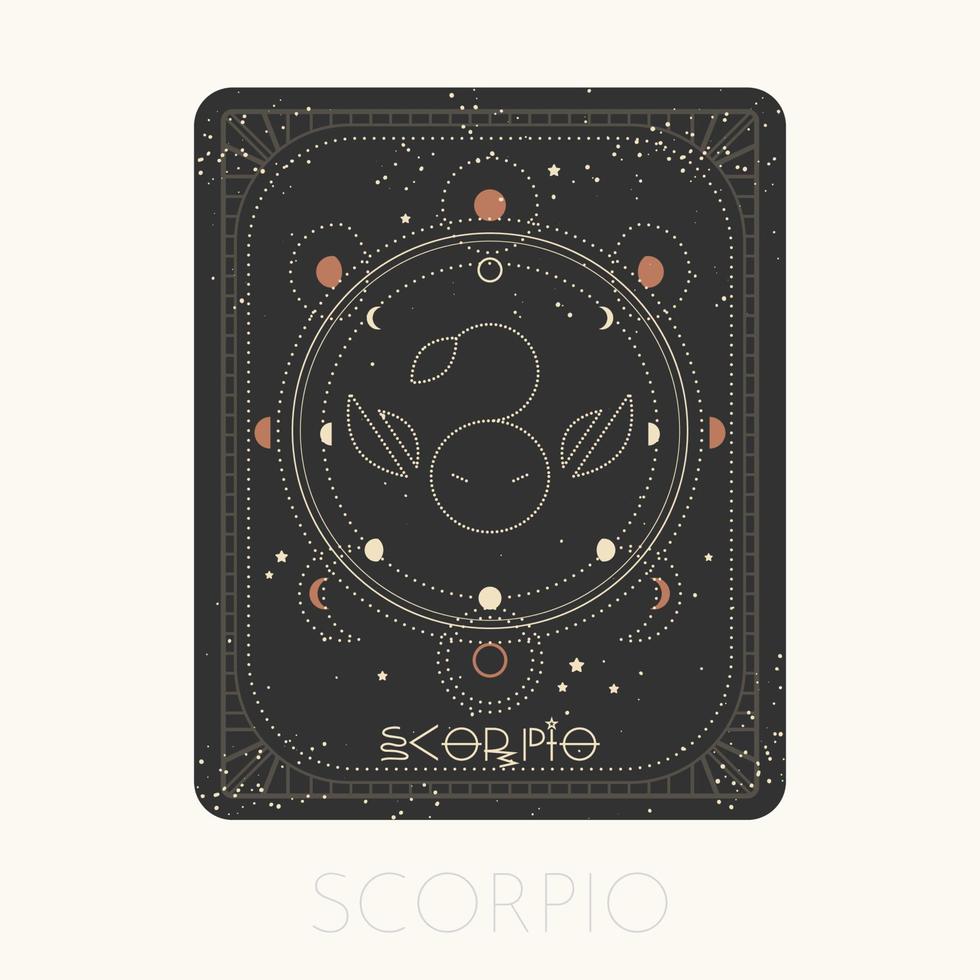 Zodiac sign scorpio card. Astrological horoscope symbol with moon phases. Graphic gold icon on a black background. Vector line art illustration