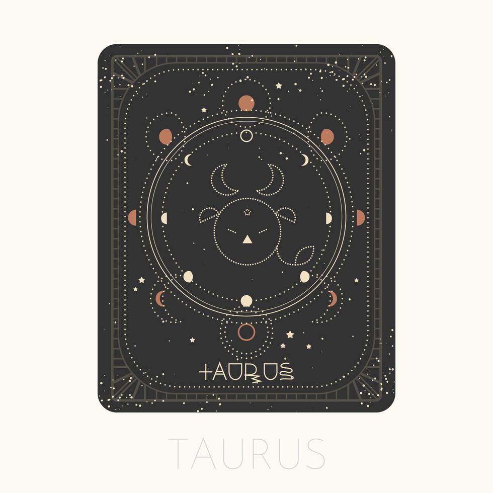 Zodiac sign Taurus card. Astrological horoscope symbol with moon phases. Graphic gold icon on a black background. Vector line art illustration