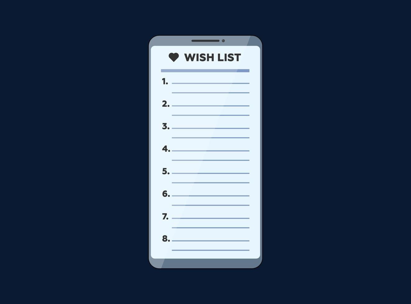 Smartphone with wish list app on display screen. Vector online wishlist mobile phone application illustration. User phone interface empty form eps design