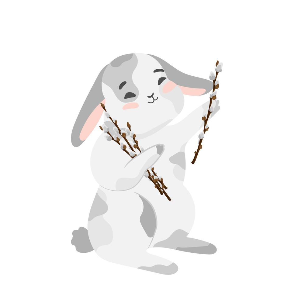 Cute Bunny with pussy willow branch isolated vector Illustration. Happy Easter design. Grey rabbit in cartoon style for baby t-shirt print, print design, kids wear, greeting and invitation card