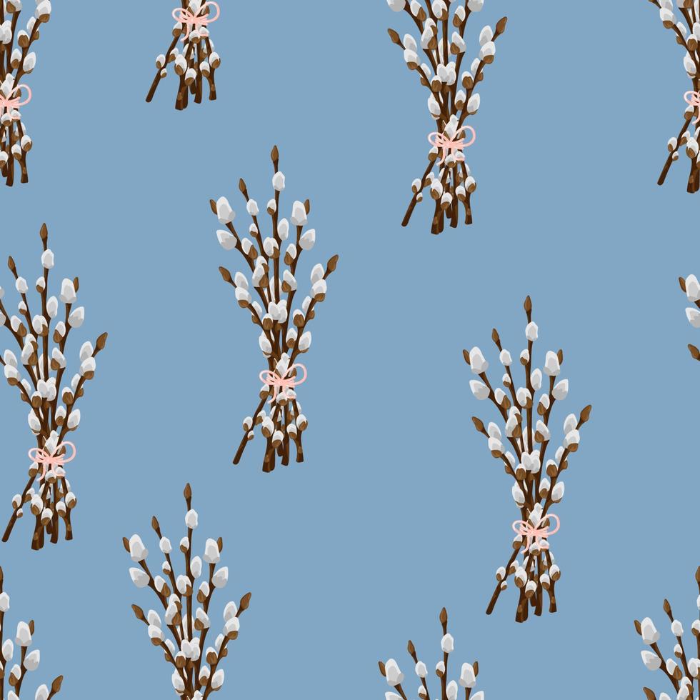 Easter spring twigs blossom pussy willow tree seamless pattern. Vector spring holiday texture in cartoon flat style. Fluffy willow branches background.