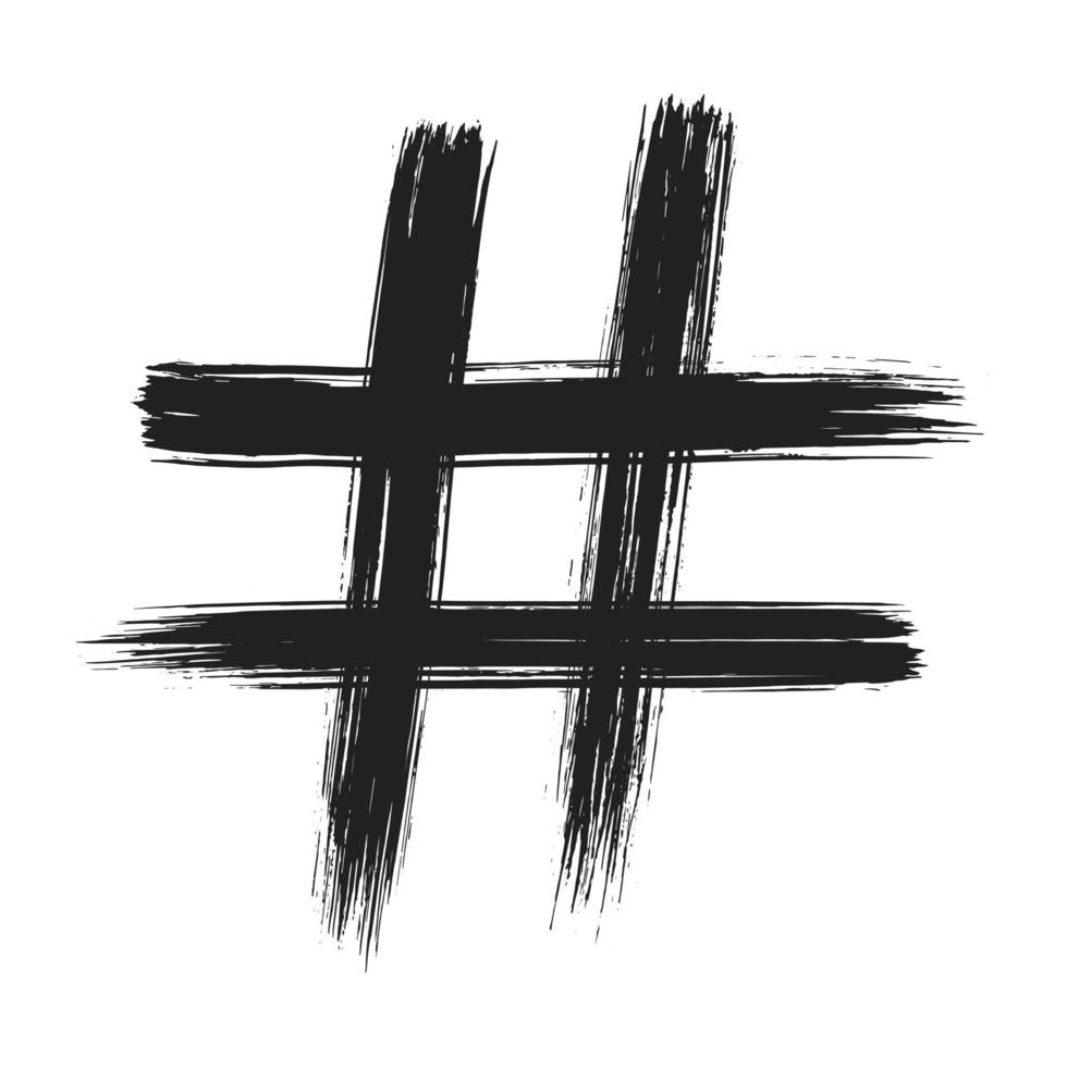 Hand drawn brush stroke dirty art hashtag symbol icon sign isolated on white background. Black and white composition of the symbol hashtag vector